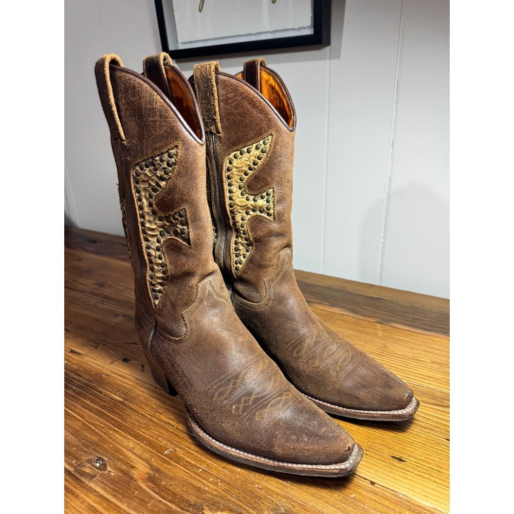 Frye Brown Leather Studded Western Heeled Boots - Picture 4 of 16
